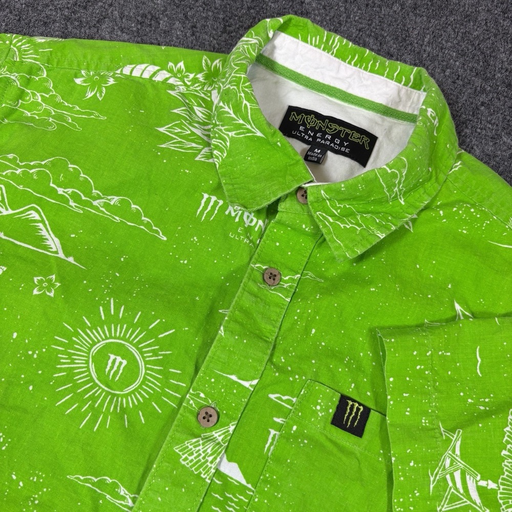 Monster Energy Ultra Paradise Green Tropical Hawaiian Camp Resort Button Shirt M